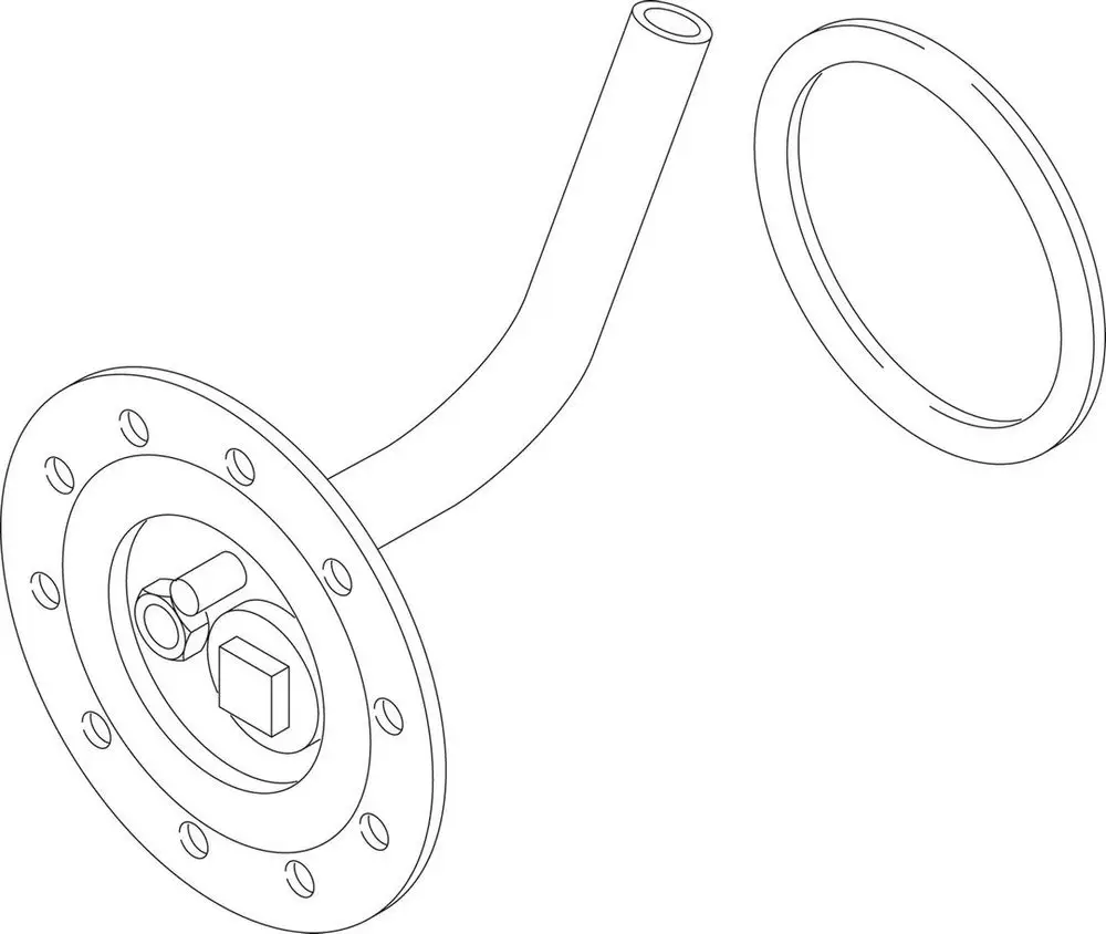 BOSCH Flansch mit Tauchrohr, bestehend aus einem runden Flansch mit mehreren Befestigungslöchern und einem gekrümmten Rohr. Das Zubehörteil ist zur Verbindung von Konstruktionskomponenten konzipiert.